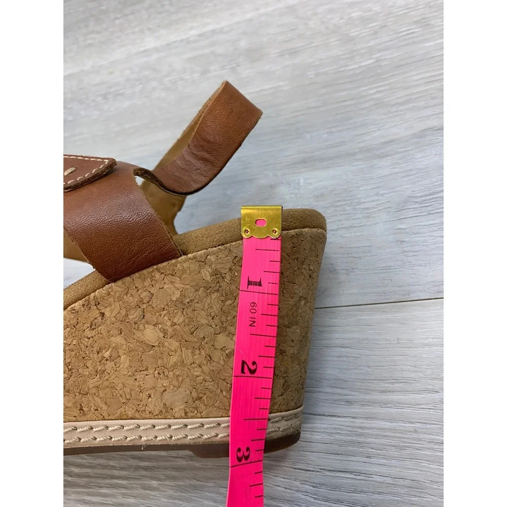 Clarks Collection Cushion Soft Tan Suede Brown Leather Cork Wedge Sandals 8.5